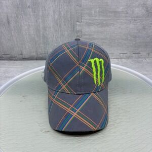 Monster Energy Trucker Hat Cap Snapback Gray Plaid‎ Motocross Y2K Logo